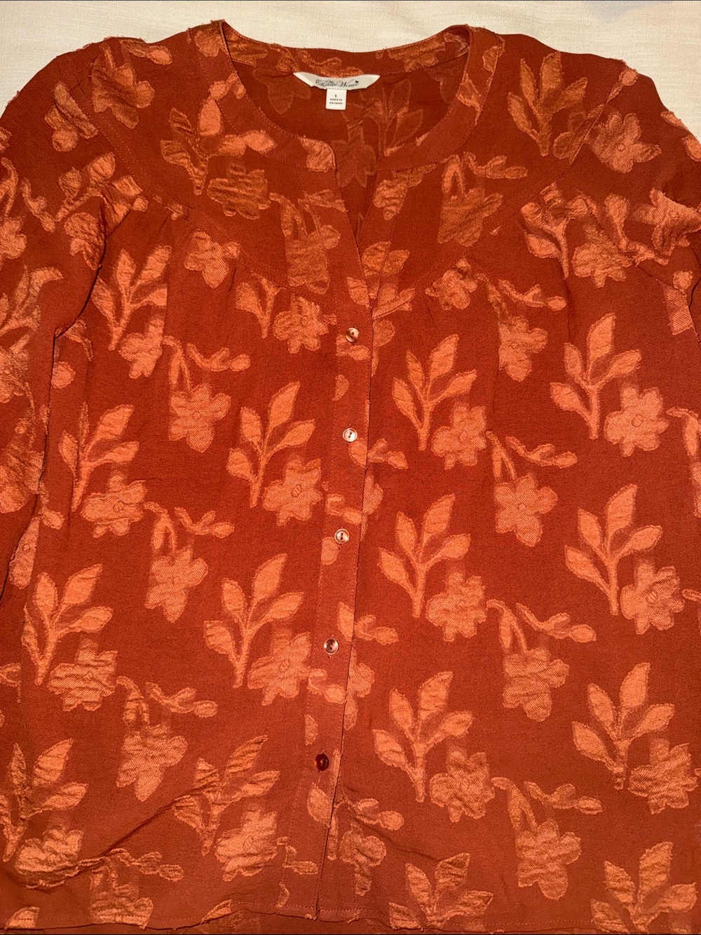The Pioneer Woman Burnt Orange Floral Jacquard Button-Front Blouse